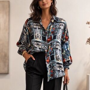 Picasso Tomato Plant Silk Blouse Button Up XL Fine Art Fashions Ltd Vintage 90s